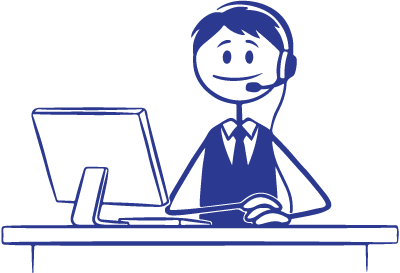 Illustration of Albert at a help desk with a computer and headset
